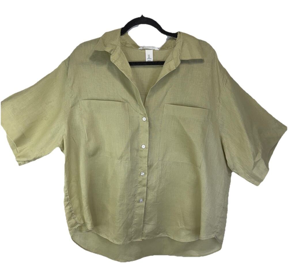 H&M Women’s Olive 100% Linen Short Sleeve Button Up Shirt Sz L Large Pockets